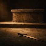 **Alt text:** Altar de igreja antigo em pedra escura, parcialmente vazio, iluminado por luz dourada lateral que atravessa o espaço, criando sombras longas e atmosfera austera; símbolos litúrgicos discretos emergem da penumbra, sugerindo fé silenciosa, memória e tensão entre sacralidade e abandono.